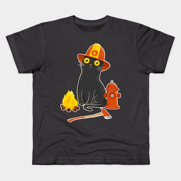 Intense Gaze Fireman Cat - Funny Black Cat Kids T-Shirt by zorrorojo